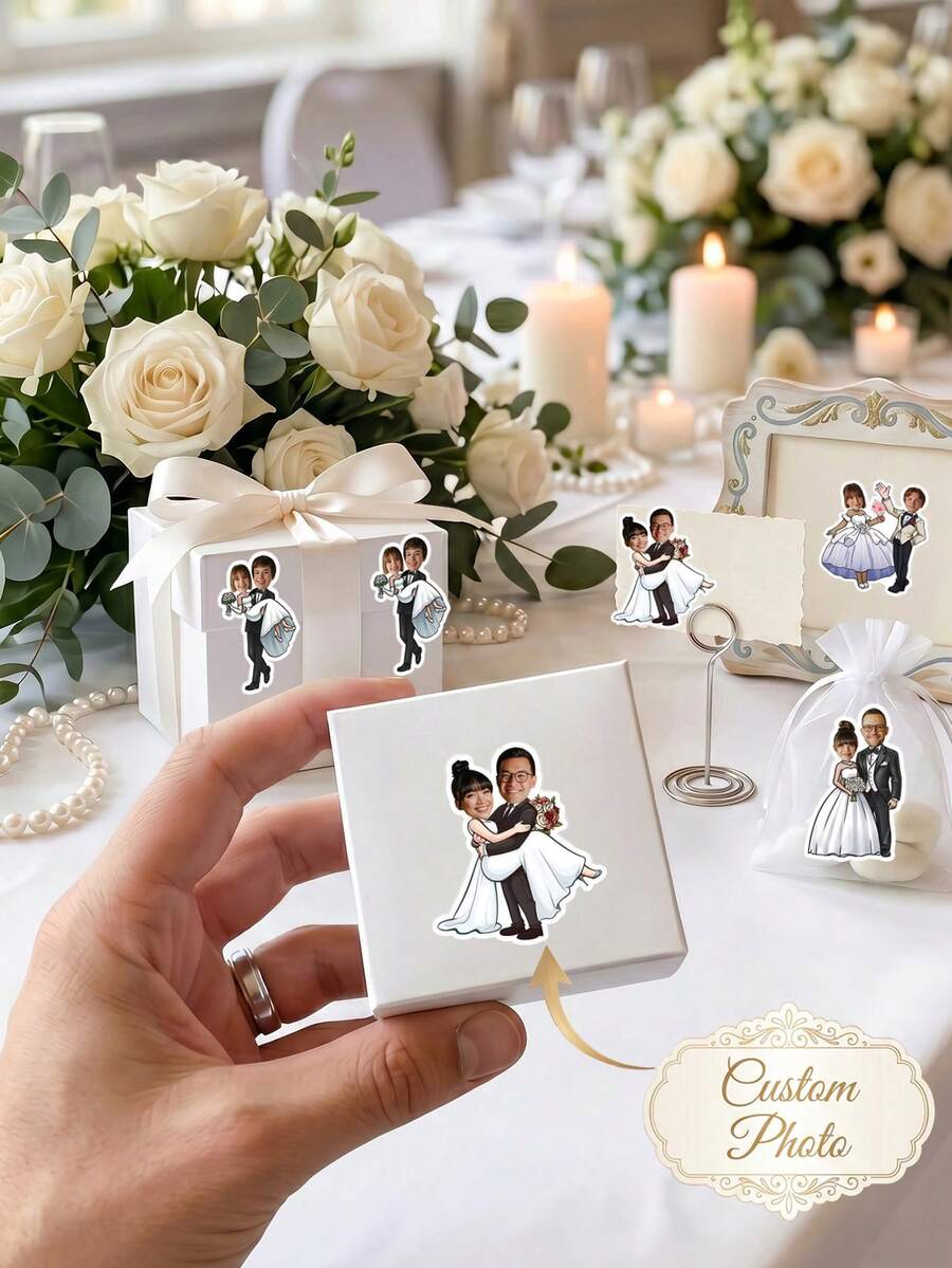 8/20/40pcs Custom Wedding Couple Photo Stickers, Personalized Bride And Groom Stickers With Custom Photo,Custom Bride & Groom Photo Stickers - Multicolor - View 1