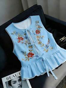 Top sin mangas elegante, versátil y casual con decoración de lazo, adecuado para uso diario, vacaciones, citas, fiestas, playa - Mujer - Azul - Ver 7