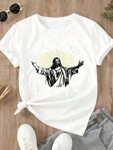 Camiseta Blanca de Corte Holgado con Estampado Gráfico de Jesús Cristo con Halo Radiante y Frases de Desilusión, para Uso Casual Diario de Mujeres |     Fe cristiana |     Versículos bíblicos/Huellas de Jesús |     Algodón puro, suave y transpirable |     Para uso diario/En la iglesia |     Preferido por creyentes y como regalo - Blanco - Ver 4