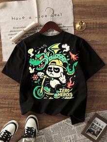 Camiseta de mujer "Zero Heroes" con estampado gráfico de panda y dragón, estilo casual, vintage, de manga corta, cuello redondo, estilo Y2K, ropa de calle estética, ligera, transpirable y cómoda para uso diario, ideal para estilo urbano, skate park, festivales de música, salidas informales, regalo para entusiastas de los dibujos animados y la cultura urbana. Cómoda y ligera. - Negro - Ver 7