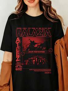 ATEEZ HALAZIA Kpops grafisk t-shirt, SPIN OFF FROM THE WITNESS albummerchandise, estetisk röd typografi Atiny fans streetwear unisex svart bomullströja, Ateez HALAZIA unisex t-shirt - Svart - Visa 6