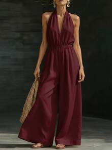 Mono nuevo de verano para mujer, de diseño, elegante, estilo francés, top halter de cuello V, perfecto para oficina, looks de día y ocasiones informales, favorecedor - Burdeos - Ver 4