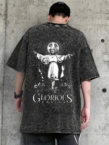 Camiseta vintage lavada, diseño de temática cristiana, unisex, estilo gótico rock. Es una camiseta de manga corta de gran tamaño, adecuada para el estilo callejero de hip-hop. Camiseta unisex de algodón holgada de manga corta y cuello redondo estilo vintage urbano - Negro - Ver 5
