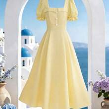 Women's Light Yellow Solid Color Square Neck Short Sleeve Pearl Button Decor Charming Elegant Everyday Vacation Commute Fashion Date French Street Retro Versatile Spring/Summer Light Yellow New Mid-Length Dress - Amarillo claro - Ver 9