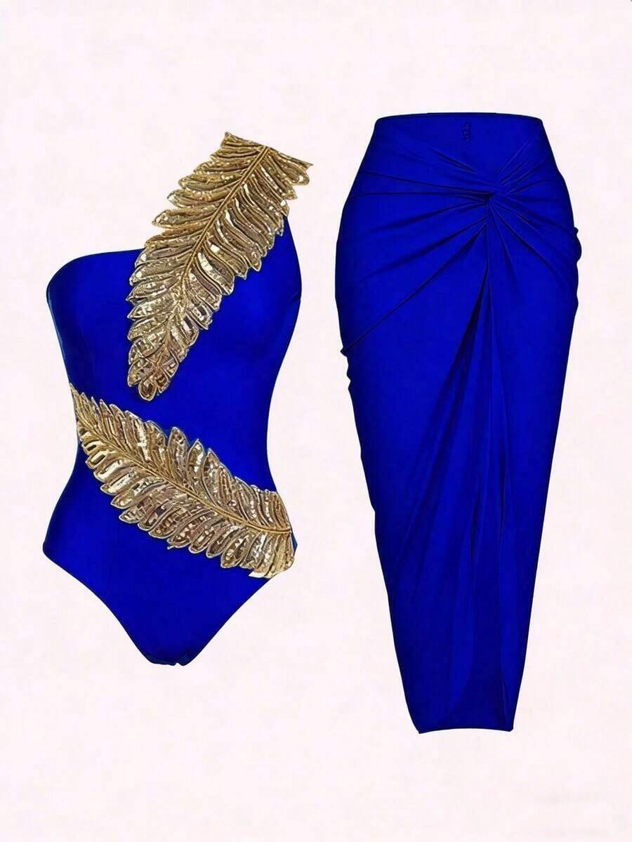 Swim Oasis Traje de baño de una pieza con estampado de hojas con lentejuelas y falda de malla para mujer, conjunto de dos piezas estilizador, para verano - azul real - Ver 1