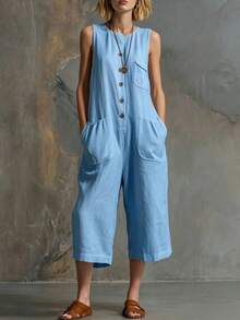 New Spring-Summer Jumpsuit For Women, Retro Casual Style, Sleeveless, White, Linen And Cotton, 3/4 Wide Leg, Flattering Design, Perfect For Daytime Looks, Walks And Holidays - 天藍色 - 查看 8