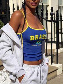 Y2K Round Neck Spaghetti Strap Camisole – Lettering Color Block Waist-Cinching | Sexy Hot Girl For Daily, Party, Festival & World Cup - Navy Blue - View 6