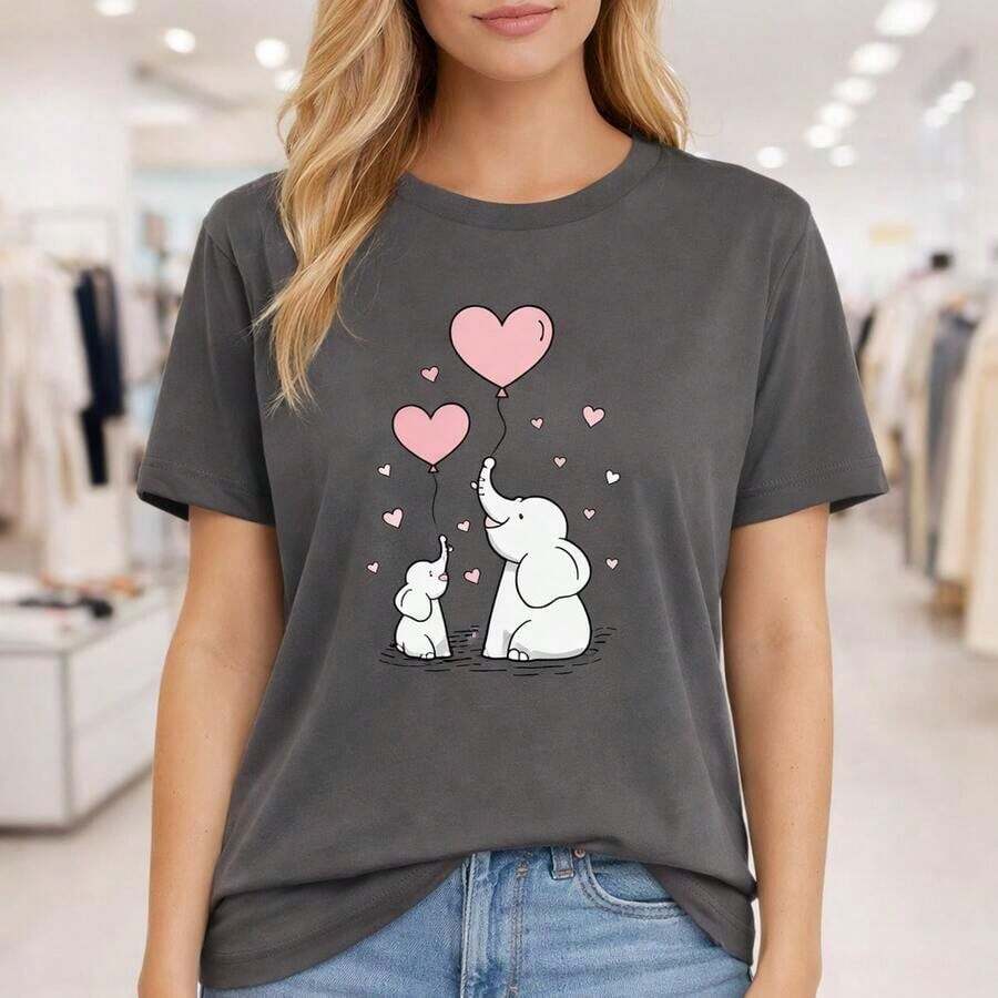Plus Size Women's Cotton T-Shirt, M-5XL, Black, With Adorable Elephant And Baby Heart Balloon Print, Casual Loose Fit, Short Sleeve, Crew Neck, Soft And Comfortable Fabric, Ideal For Everyday Wear, Mother's Day Gift Idea, Graphic T-Shirt For Curvy Women - 深灰色 - 查看 1