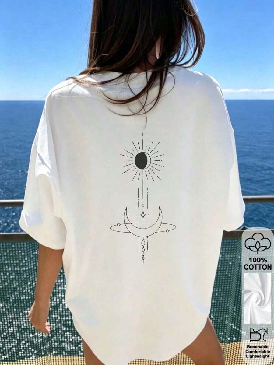 Camiseta Oversize para Mujer con Estampado de Flores, Cuello Redondo, Manga Corta, Diseño Casual - Blanco - Ver 1