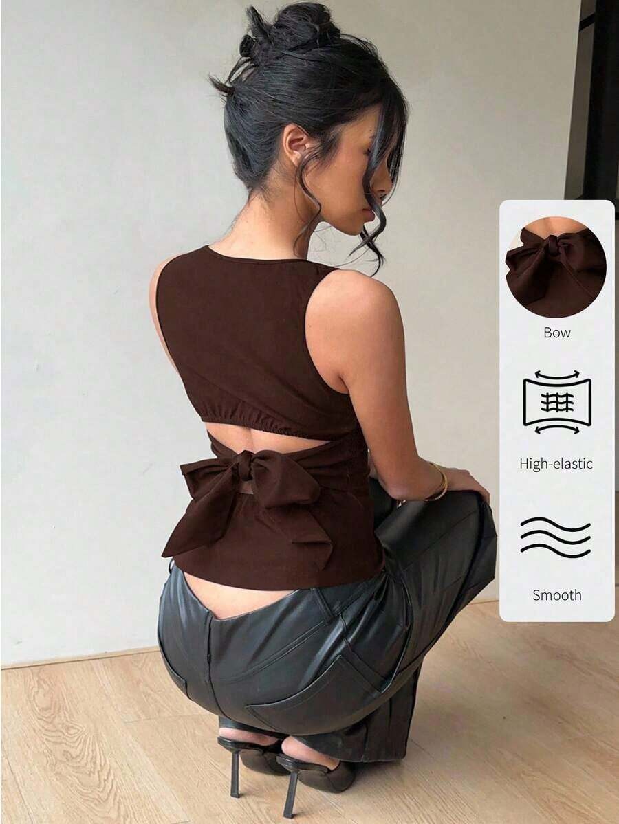 Blusa sin mangas con cuello redondo y lazo en la espalda, para uso casual y de oficina - Marrón 2 - Ver 1
