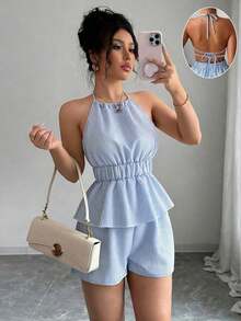 Nuevo conjunto de 2 piezas de mujer con top halter con lazos y shorts a rayas con espalda descubierta, adecuado para vacaciones de verano - Azul - Ver 9
