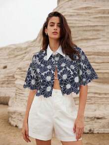 Aveloria Zanirela Blusa elegante de mujer con bordado aleatorio de margaritas y calado - Verde Oliva - Ver 11