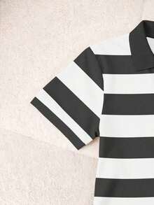 Blusa casual de mujer con cuello polo a rayas y manga corta - Gris - Ver 4
