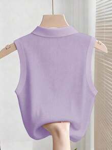 Camiseta sin mangas acanalada casual y elegante con cuello polo para mujer - Morado - Ver 2