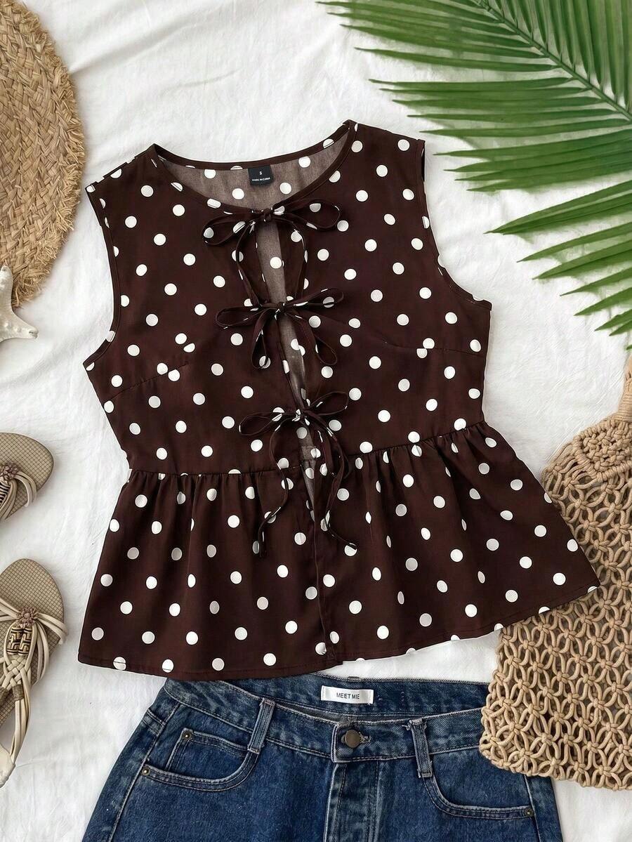 Camiseta de mujer con estampado de rayas de cebra en gasa con bajo de peplum, adecuada para vacaciones de primavera/verano, conjunto casual para mujer, vacaciones de verano, vacaciones de primavera, fiesta, playa, Día de San Valentín - Marrón - Ver 1