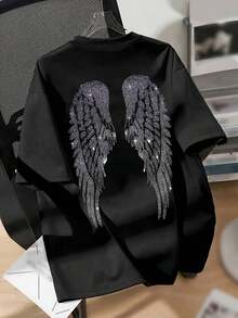 1 pieza de camiseta holgada y transpirable para verano, camiseta negra de manga corta con un diseño visual tridimensional estampado de alas de ángel con diamantes brillantes. Es llamativo, creando un aspecto misterioso, genial y elegante, personalizado. Adecuado para uso diario, atuendos urbanos o presentaciones en el escenario, muestra plenamente confianza y encanto único. 180g Algodón 100% - Negro - Ver 8