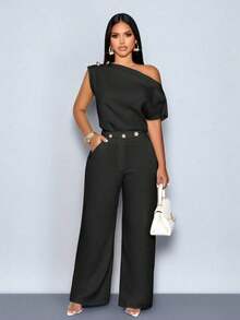 Blusa elegante de un solo hombro con botones metálicos, sin mangas, de unicolor, para uso en la oficina, citas, eventos y uso diario modesto - Negro - Ver 8
