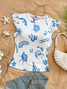 Camiseta casual de mujer con cuello redondo, mangas de volantes y estampado floral, blusas florales para mujer, blusas con mangas de volantes, para salir, blusas de manga corta lindas - Azul y blanco 3 - Ver 3