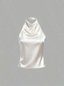 Camiseta sin espalda con lazo, de satén de unicolor, con drapeado halter elegante - Blanco - Ver 7