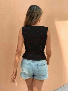 Blusa sin mangas de verano blanca con cuello en V, estampado de corazón y diseño de cintura anudada, versátil y de moda para mujer - Multicolor 2 - Ver 2