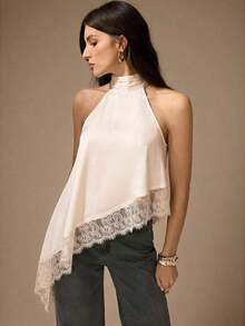 Tall Blusa sin mangas elegante y formal con cuello halter asimétrico, adorno de encaje y hombros descubiertos para fiesta, cóctel, boda o salida nocturna en primavera, verano y otoño - Albaricoque - Ver 1