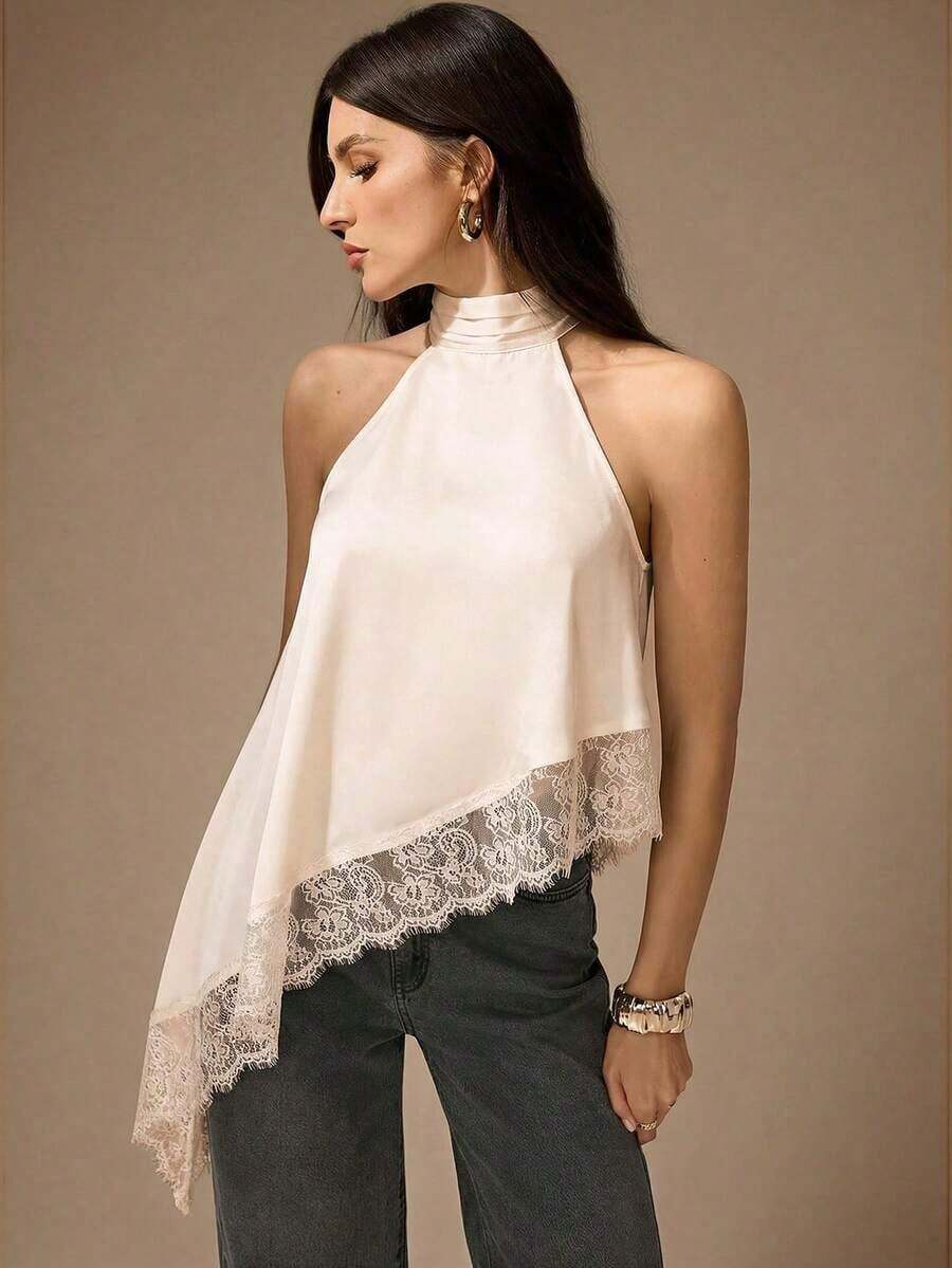 Tall Blusa sin mangas elegante y formal con cuello halter asimétrico, adorno de encaje y hombros descubiertos para fiesta, cóctel, boda o salida nocturna en primavera, verano y otoño - Albaricoque - Ver 1