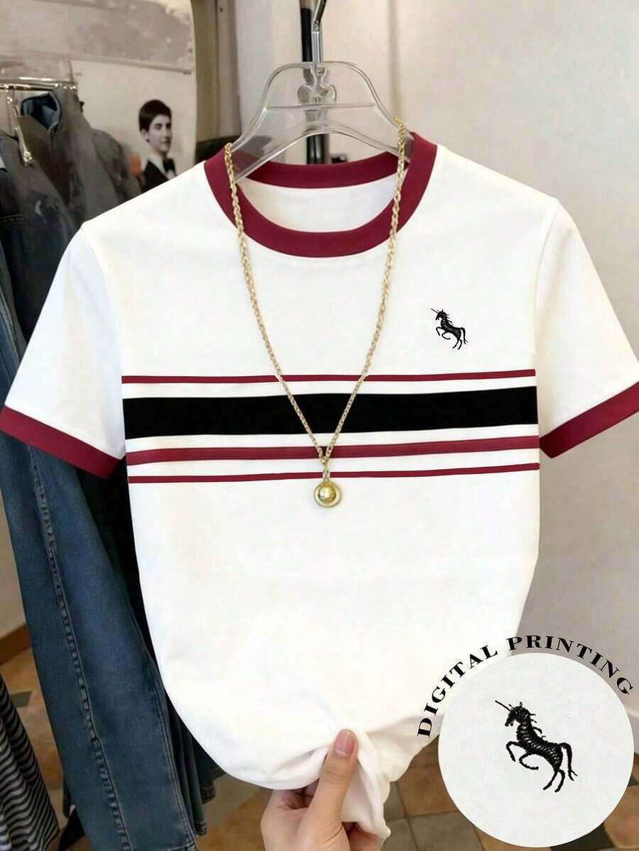 Camiseta de mujer de cuello redondo con estampado casual de caballero en patchwork, para verano - Multicolor - Ver 1