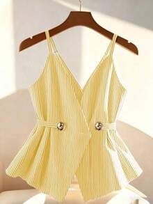 Camiseta sin tirantes casual de mujer con decoración de botones a rayas - Amarillo - Ver 3