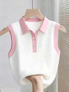 Parte superior sin mangas de contraste de color versátil casual para mujer, top blanco y negro, blusas de verano para mujer, blusas lindas y preppy, top de punto de verano sin mangas, camisa polo de punto para mujer, blusas de punto de verano par - Multicolor - Ver 6