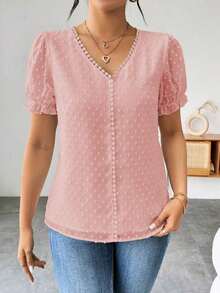 Blusa de gasa con estampado de lunares francés de moda para mujer, diseño elegante y elegante de manga corta con volantes para el verano - Rosa - Ver 5