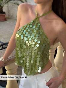 Top halter con espalda descubierta y lentejuelas sexy para mujer, atuendos de verano, ropa de verano, atuendos de playa para mujer, atuendos de vacaciones, atuendos bohemios tropicales de vacaciones, ropa de mujer, atuendos de concierto, atuendos de rave de mujer, atuendos de festival, atuendos de concierto country, atuendos de Ibiza, atuendos de Nashville, ropa occidental para mujer, ropa occidental bohemia, streetwear tropical, gyaru occidental, tops de verano lindos - Verde militar - Ver 3