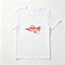 Camiseta Mujer Algodón Estampado Palmeras y Sol - Diseño Caribeño Verano - Blanco - Ver 1
