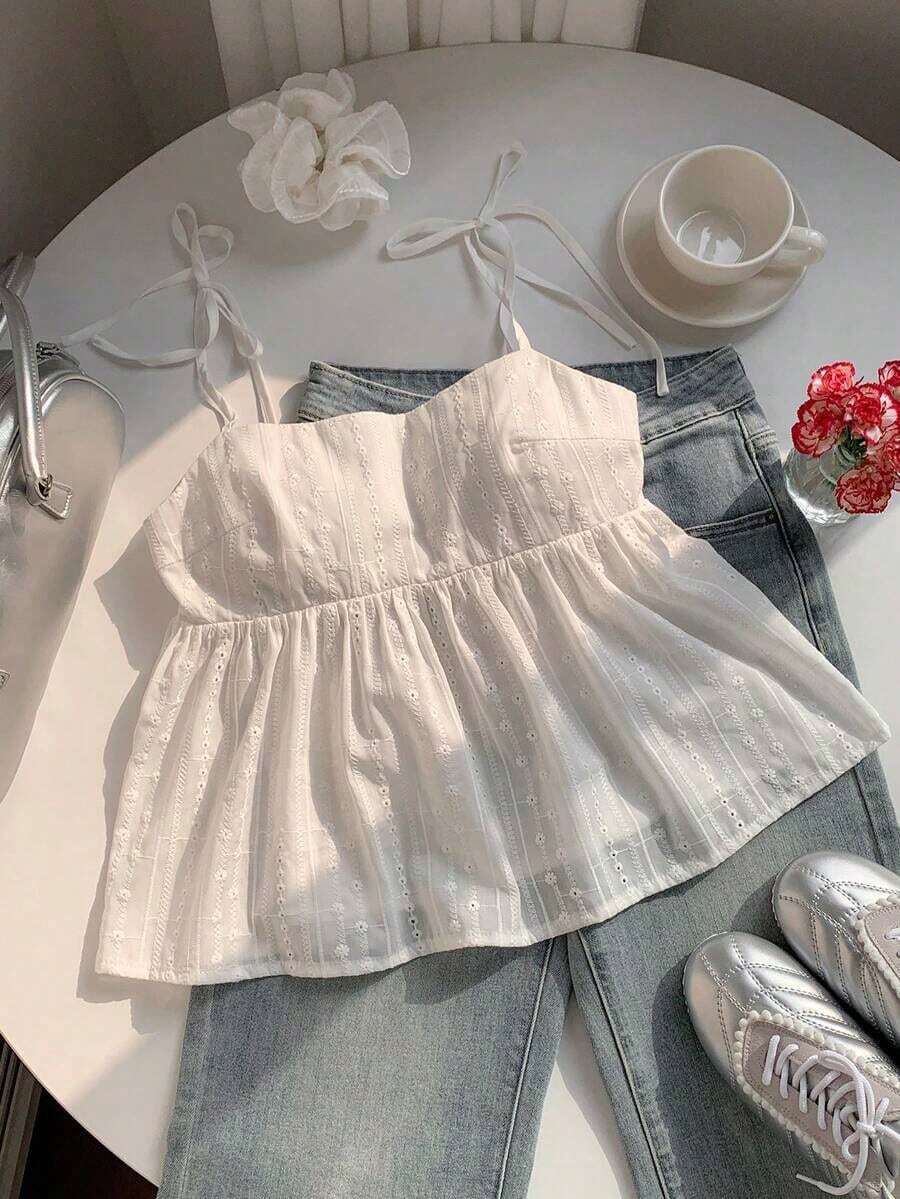 Camiseta de tirantes de mujer con lunares tejidos en blanco - Blanco 3 - Ver 1