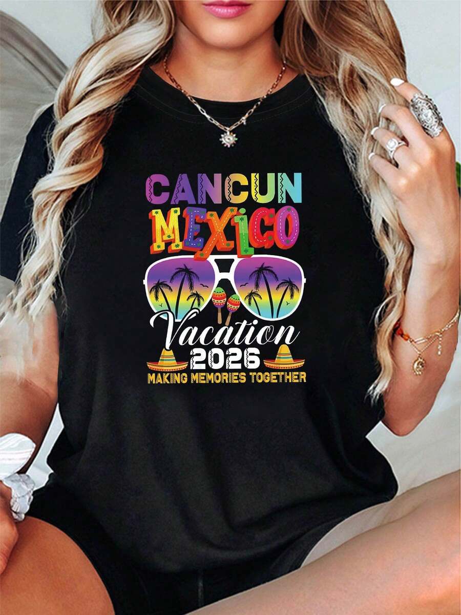 Women's T-Shirt With "Cancun, Mexico 2026" Text Print, Round Neck, Short Sleeve, Spring/Summer, Casual, For Shopping, Vacation, Gift, Outfit For Girlfriends, Women's Tops - 黑色 - 查看 1
