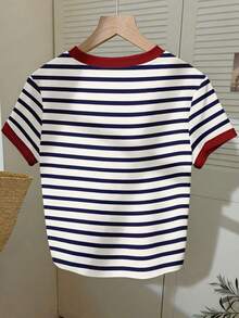 Camiseta de mujer de manga corta con cuello redondo, bloque de color, bordado de corazón a rayas y versátil - Multicolor 2 - Ver 2