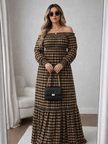 Adult Plus Size Long Plaid Dress With 3/4 Sleeves, Adjustable Elastic Waistband, Perfect For June Festivals, Country Fashion, Loose Fit, And Comfortable. - Nâu/Đen - Xem 4