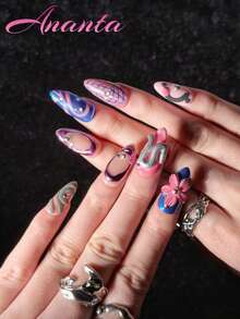 10pcs Handmade Almond-Shaped Nail Stickers, Y2K Style, Colorful Patchwork, Hand-Painted Asymmetrical Patterns, Metallic Finish, 3D Embossed Flowers, Matte Texture, Suitable For Party, Wedding, Daily Wear, Comes With Tool Kit, Fit For Girls And Women Nails - Multicolor - View 4