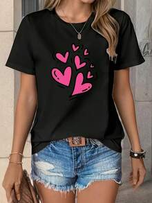 Camiseta de manga corta con estampado de corazones rosas para mujer, camiseta casual de cuello redondo con múltiples corazones degradados, básica versátil para uso diario - Negro - Ver 7