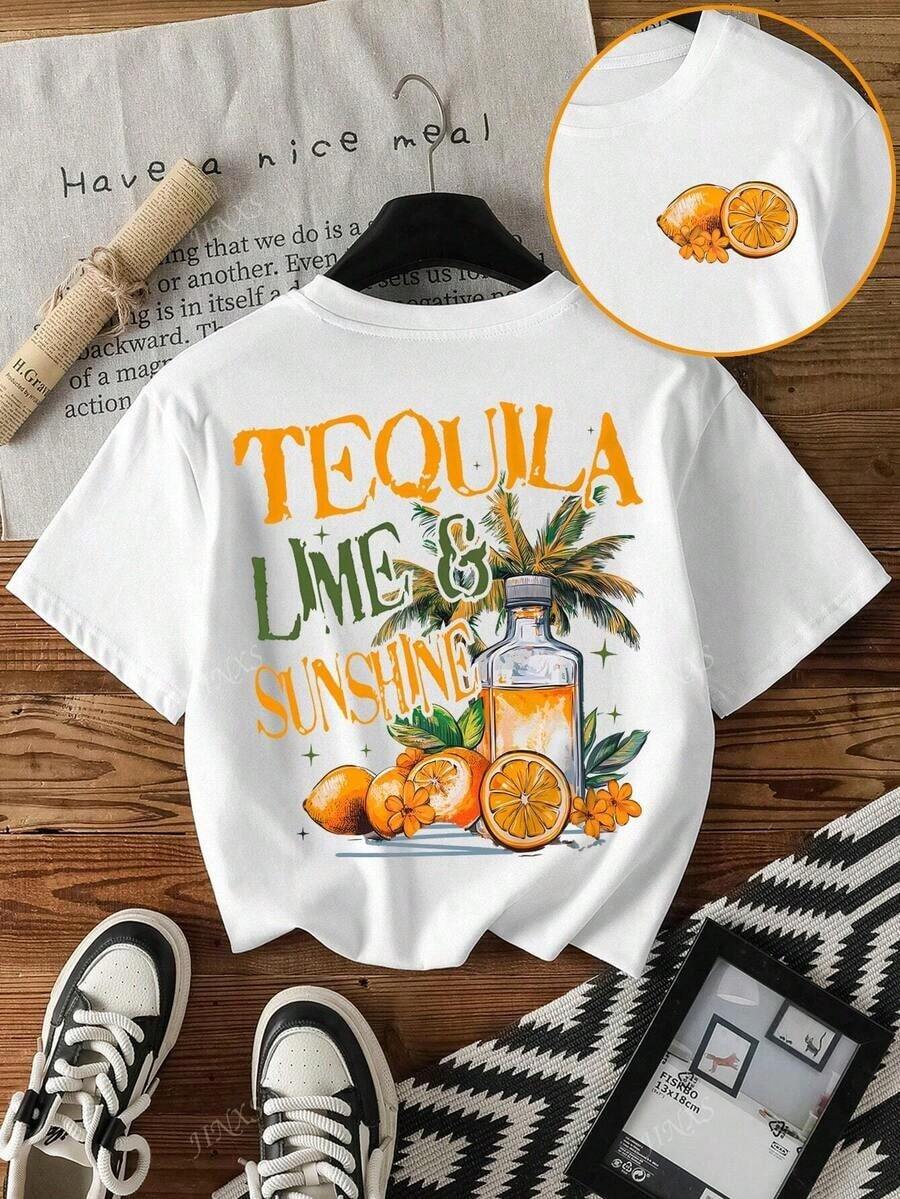 Loose, Casual And Versatile Women's T-Shirt, Y2k Style, With Round Neck And Short Sleeves, Ideal For Informal Parties At The Tequila & Lime Cocktail Bar, Social Butterfly Girls Club. - 黑色 - 查看 1