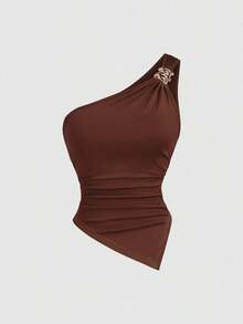 Blusa de unicolor minimalista con cuello asimétrico y hebilla de metal para mujer - Multicolor 8 - Ver 4
