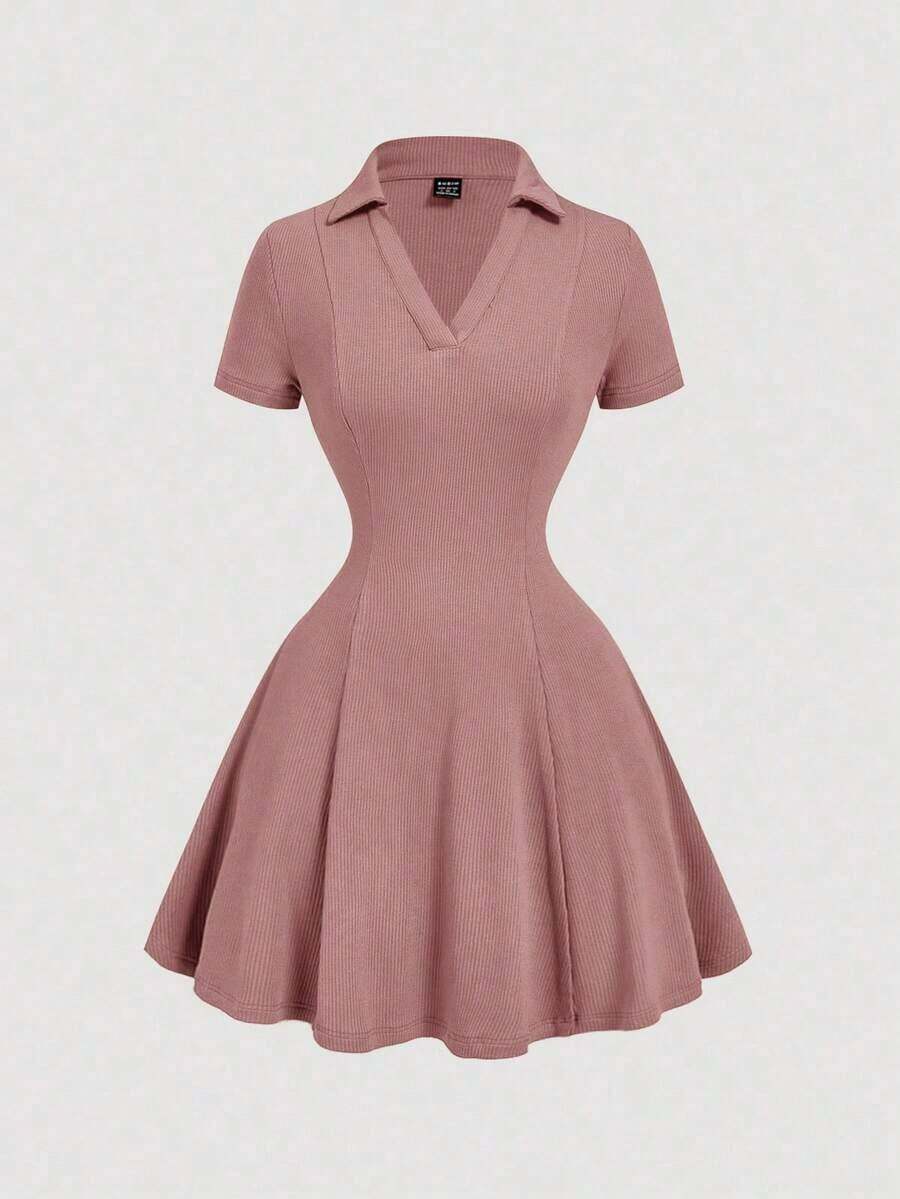 Vestido mini de punto con cuello de volantes en caqui vintage - Estilo preppy, años 70, informal, cómodo, para ir y venir, estética de dinero antiguo, perfecto para atuendos escolares, atuendos de enseñanza y ropa de oficina - Rosa vieja - Ver 1