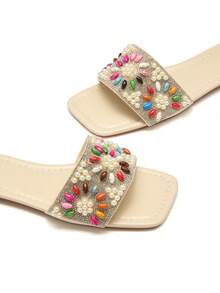 Trivaya Minimalist Fashion Comfortable Beaded Slippers For Women, Versatile Outdoor Wear, Summer New Rhinestone Flat Sandals,Beach Outfits - Beige - View 5