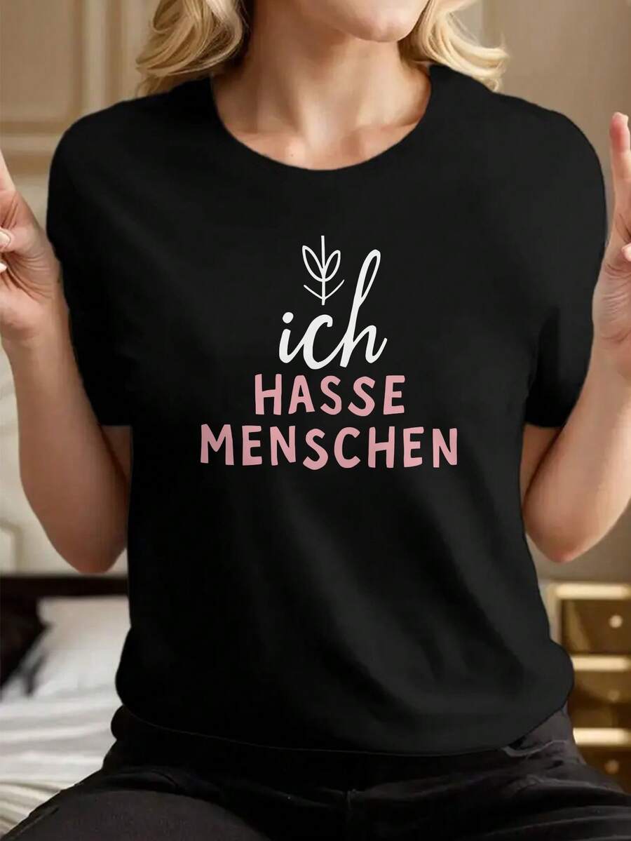 HASSE MENSCHEN Camiseta de Mujer con Estampado Moderno Y2K - Top de color negro y rosa en contraste con el eslogan "I Hate People" - Camiseta de manga corta elástica para las cuatro estaciones, estilo urbano para uso diario - Tallas S-XXL, estilo casual y duradero. - Negro - Ver 1