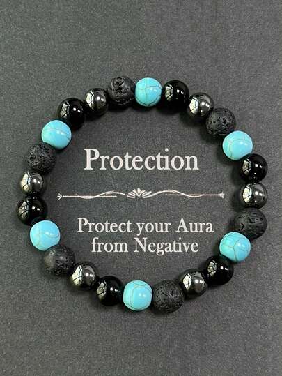 YAUKIA Vòng tay bảo vệ bằng đá tự nhiên 8mm, làm thủ công với hạt đá Obsidian và Turquoise, trang sức thời trang, mang lại năng lượng bảo vệ và ổn định mạnh mẽ, thanh lọc tâm linh, lý tưởng để đeo hàng ngày cho cả nam và nữ.