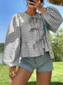 Blusa de cuello redondo de estilo vaquero, hippie y vintage para mujer, nueva llegada del verano 2025 - Gris - Ver 1