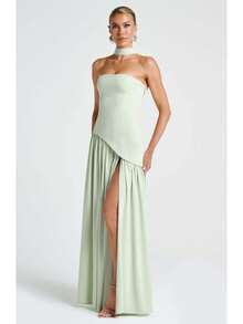 Vestido largo sin tirantes color liso espalda descubierta con abertura elegante - Verde - Ver 1