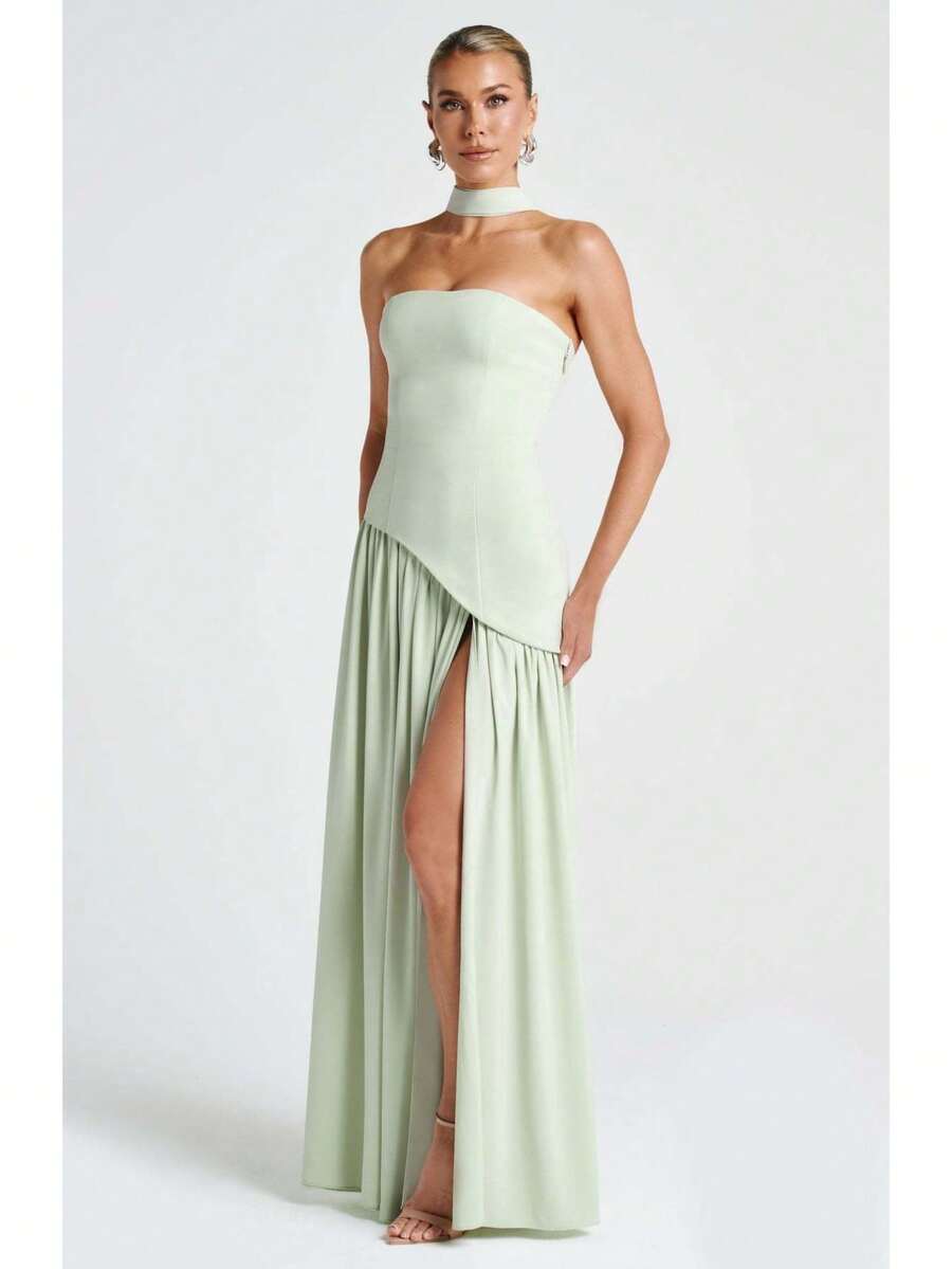 Vestido largo sin tirantes color liso espalda descubierta con abertura elegante - Verde - Ver 1