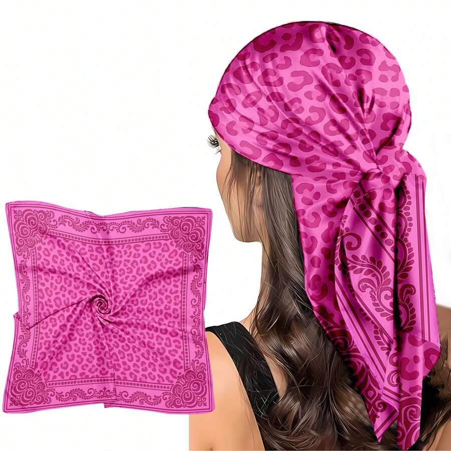 1pc Satin Bandana Square Scarf For Women,19.6/27.5/35 In Optional,Pink Leopard Print Scarf,Horsebit Print Headscarf,Neck Scarf,Bag Decor For Travel - Multicolor - View 1