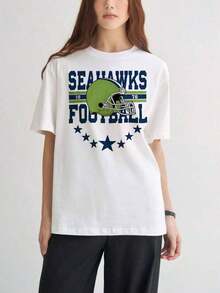 Women's Short-Sleeved T-Shirts With Interesting Prints, Beautiful Clothing. White T-Shirt With A Seahawks Football Helmet Print, 1976 Star Design, Casual Wear For Sports Fans. - 白色 - 查看 7