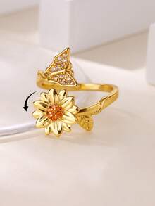1pc Sweet Butterfly & Sunflower Rotating Ring, 18K Gold Plated Open Band, Interesting Design Jewelry, Daily Wear & Gift - Multicolor - View 5